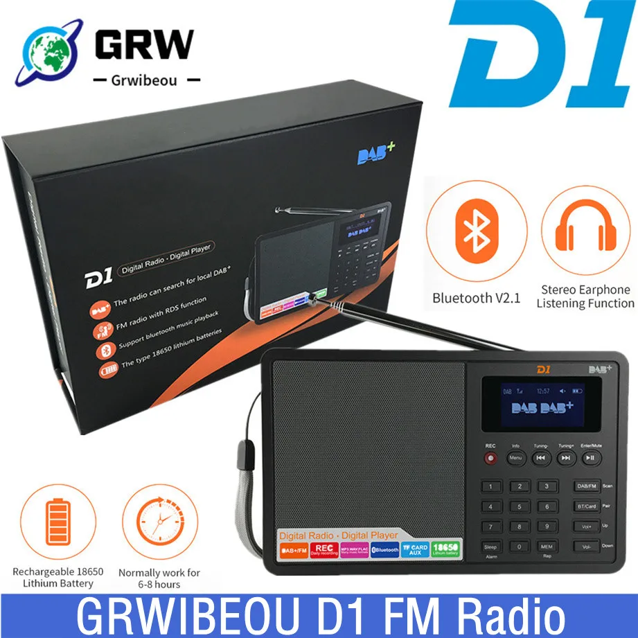 

GRWIBEOU D1 FM Radio Bluetooth DAB+/FM+BT/TF Card/AUX 1.8 Inch LCD Display DAB Radio Speaker With 18650 Lithium Battery Radio