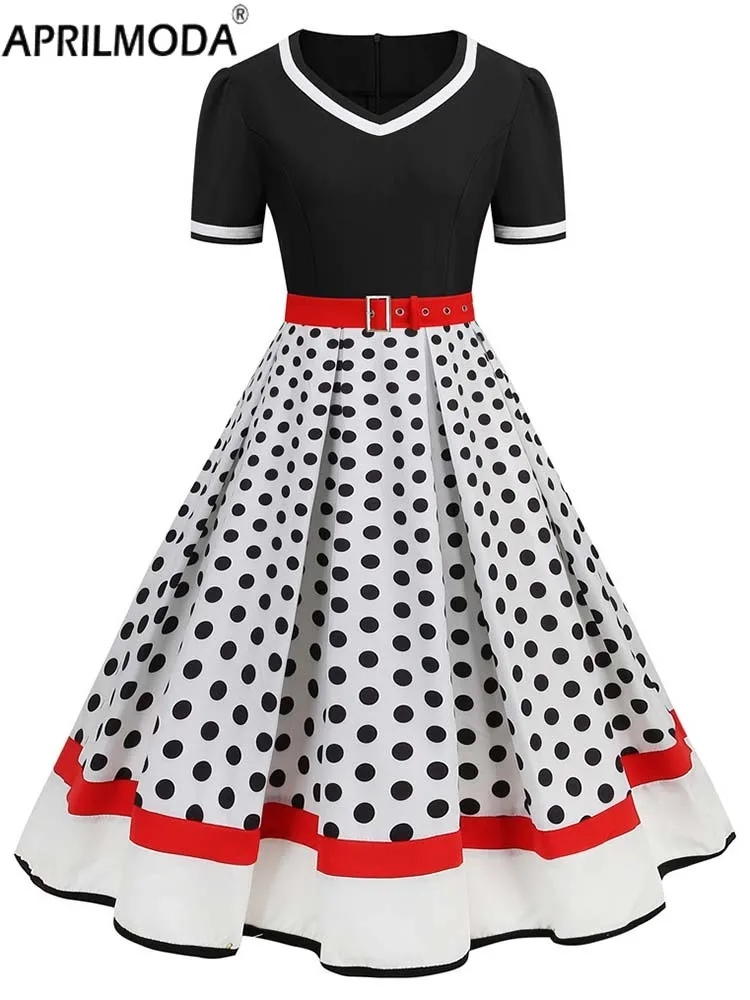 Женское винтажное плиссированное платье летнее в горошек с V-образным вырезом