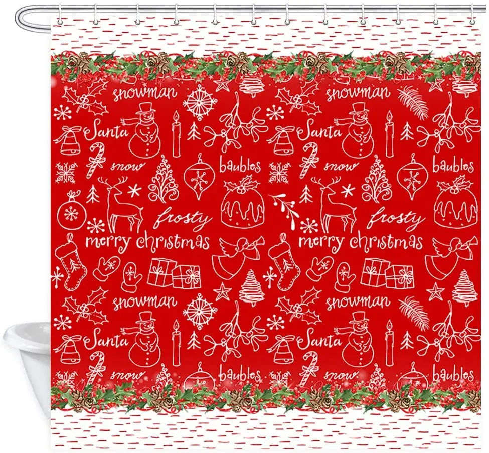 

Christmas Shower Curtain Doodles Pattern Christmas Tree Baubles Santa Sock Hat Polyester Fabric Bath Curtains with Hooks