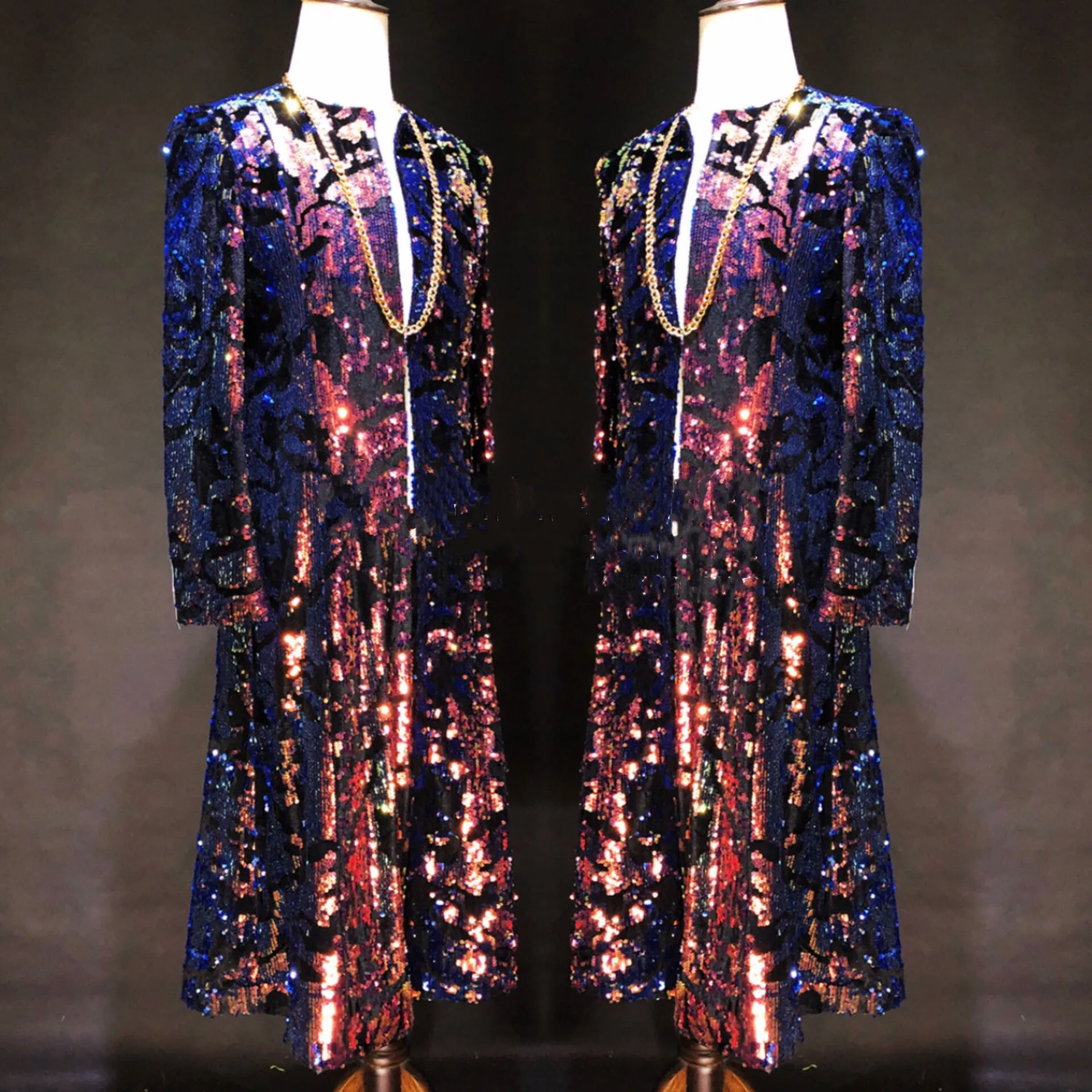 Длинное пальто с красочными блестками Мужское для ночного клуба женская верхняя