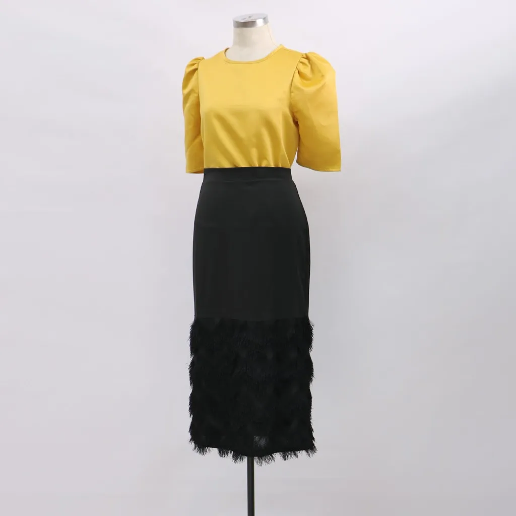 

Sexy Women Half Puff Sleeve O-Neck Cocktail Prom Gown Skirt Two-piece Set Casual Dress with Belt