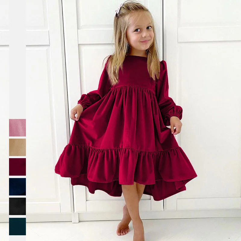 

Autumn Velvet Girls Dress Brand New Long Lartern Sleeve Butterfly Skirts Princess Party Child Solid Color