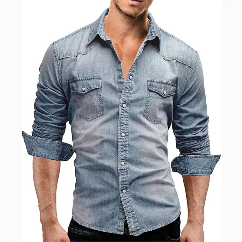 New Men's Long-sleeved Shirt Youth Casual Solid Color Stitching Men's Denim Shirt