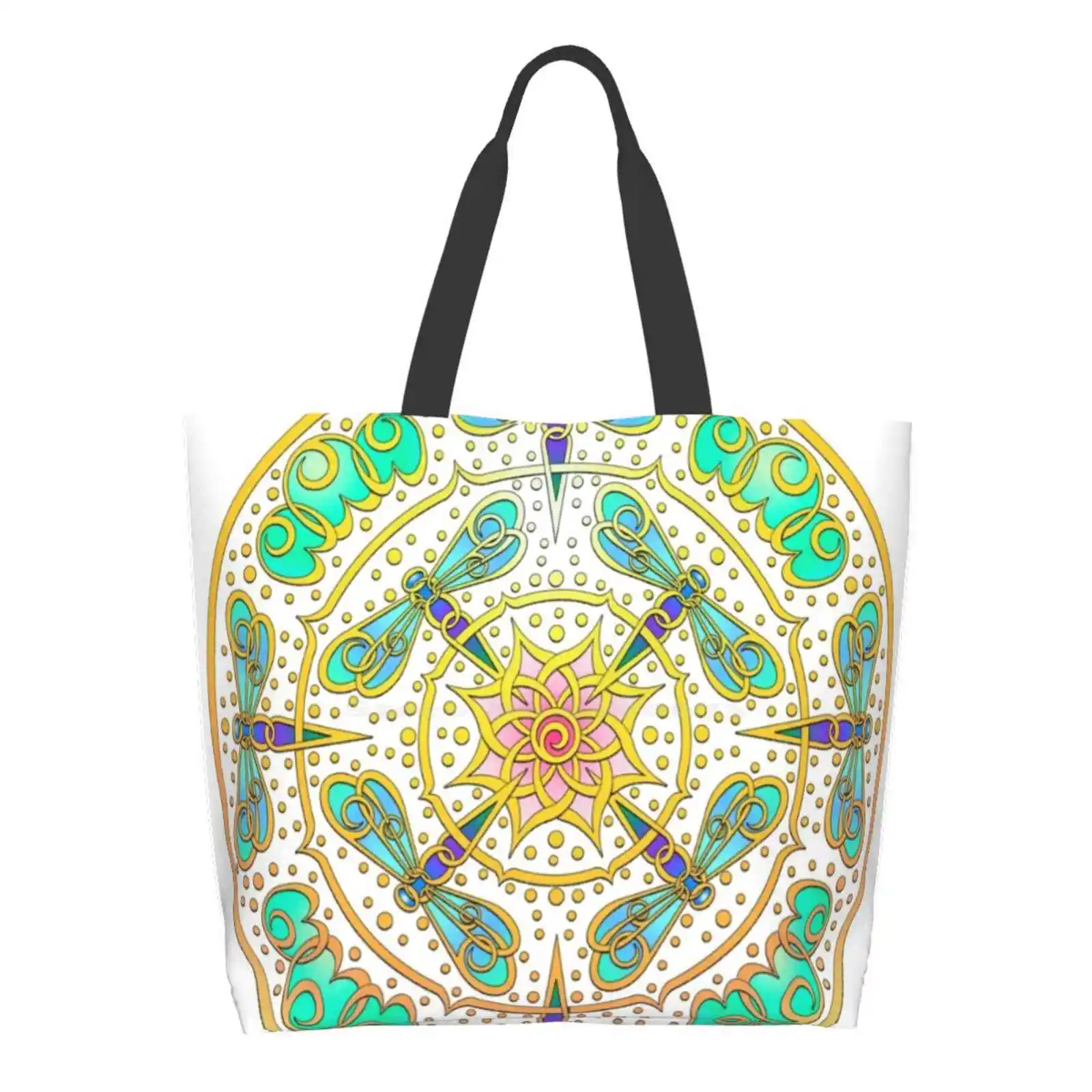 

Golden Dragonfly Mandala Designer Handbags Shopping Tote Moonshell Knots Dots Collection Neo Knots Dana Kester Mccabe Dragonfly