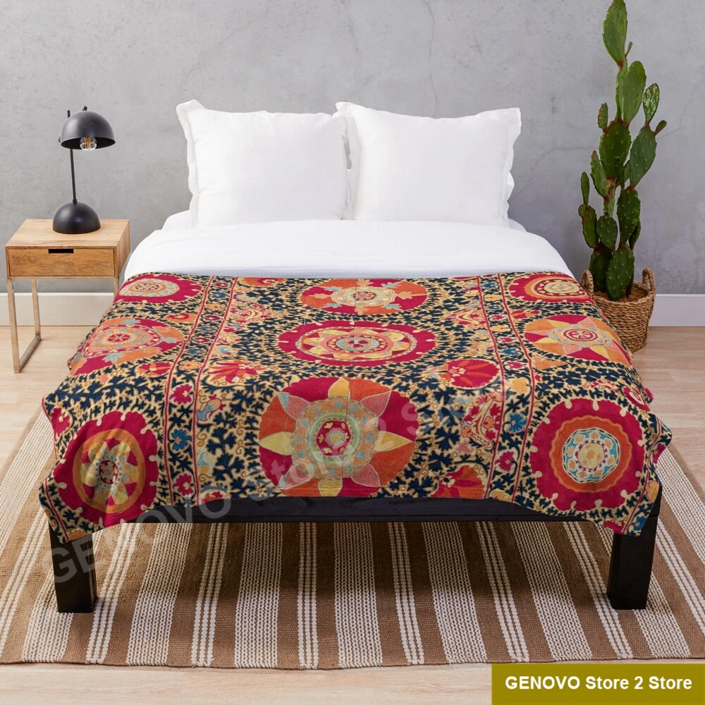 

Kermina Suzani Uzbekistan Floral Embroidery Print Throw Blanket flannel Sherpa bedspread bedding sofa picnic fur soft blanket