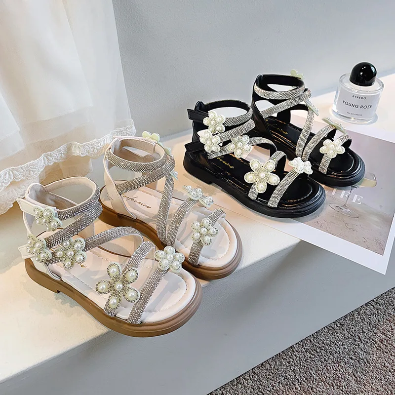 

Сандалии с открытым носком для девочек, модные босоножки в римском стиле принцессы с цветочным принтом, дышащая мягкая подошва, симпатичная детская пляжная обувь, лето