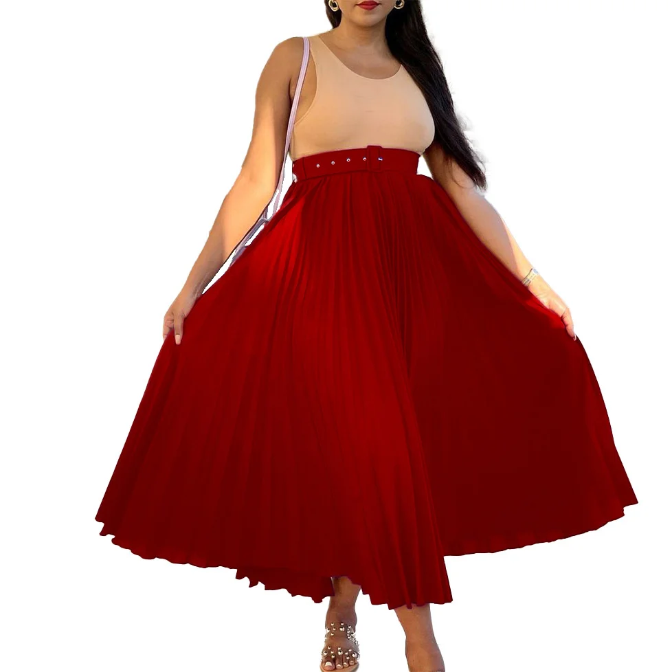 Plus Size Large Women's Skirt New Wear With Belt New High Waist And Large Skirt With Medium Length Pleated Temperament