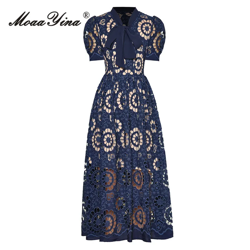 MoaaYina Fashion Designer dress Summer Women Dress Navy Blue Bow Collar Lantern Short Sleeve Slim Hollow Out Embroidery Dresses