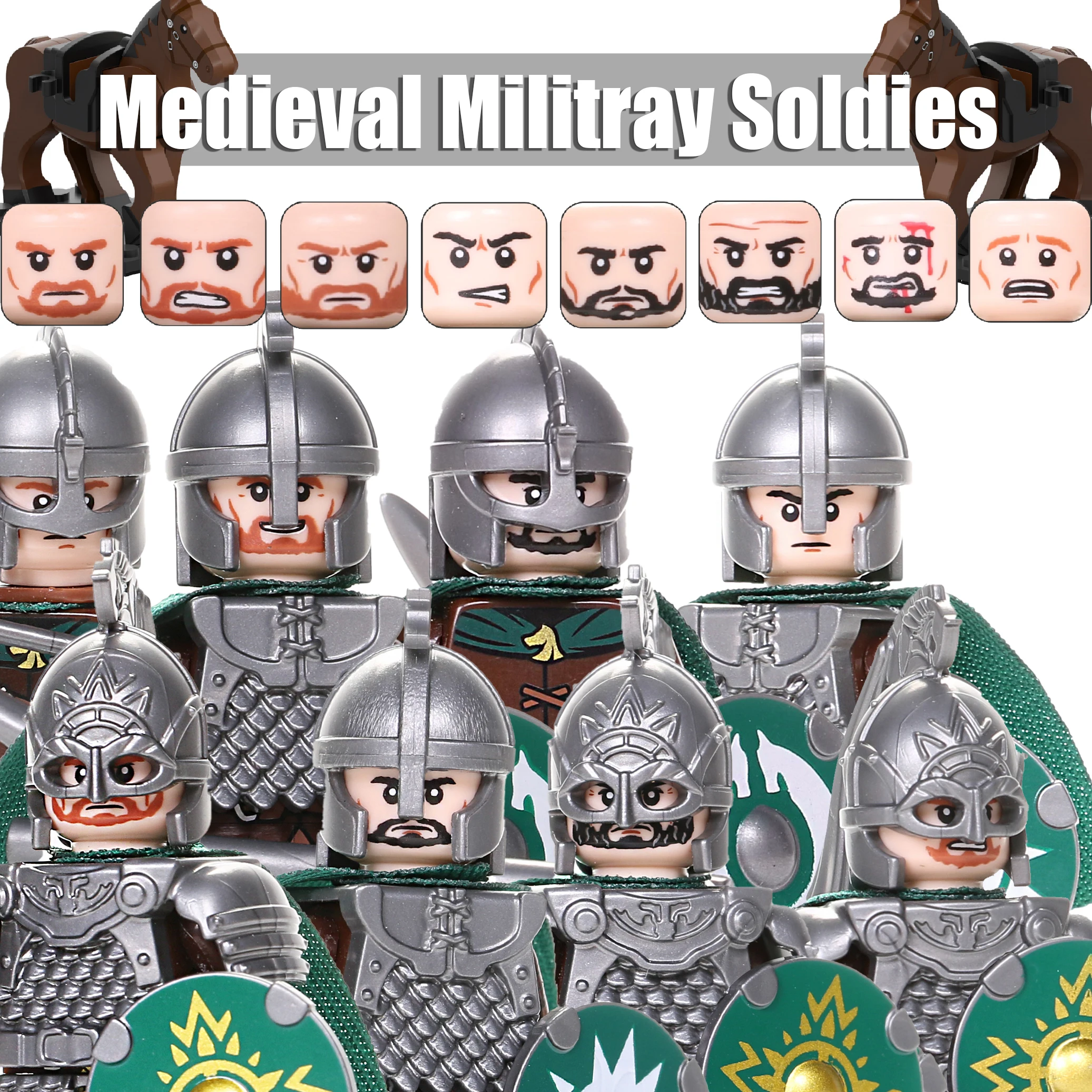 

Средневековые Военные солдаты, строительные блоки, военная лошадь, бронированные армия, рыцари, боевой меч, лук, копье, кирпичи, игрушки, подарок для мальчиков