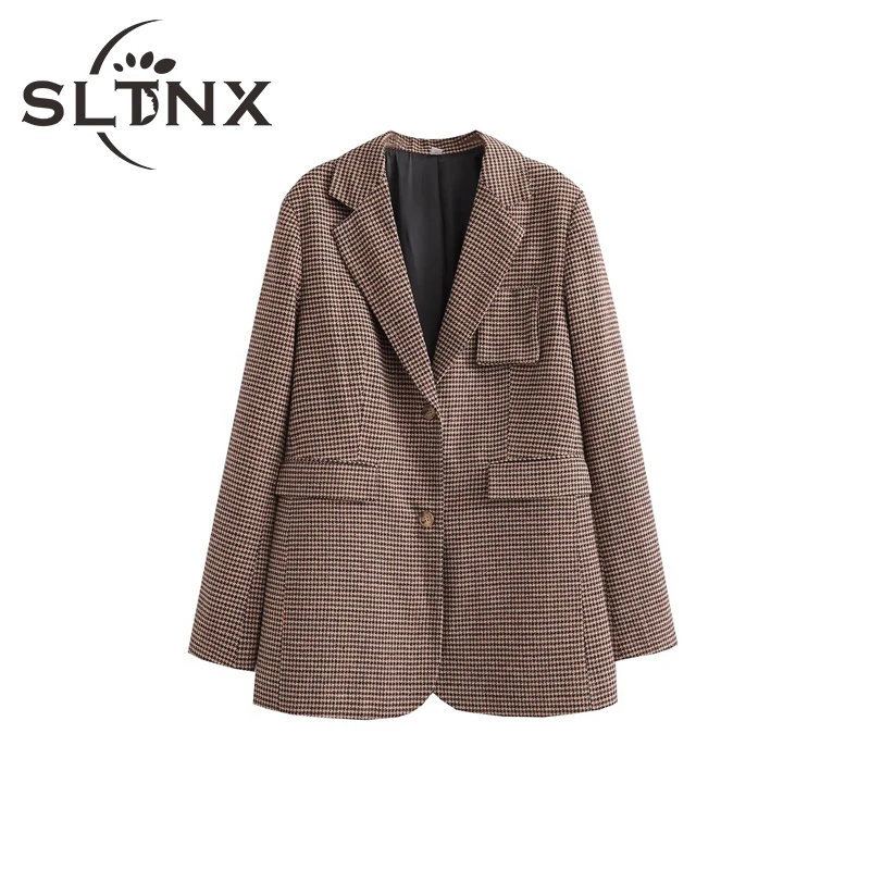 

SLTNX 2023 Woman Fashion Houndstooth Blazers Coats Female Long Sleeve with Pockets Chic Blazers Ladies Loose Notched Collar Coat