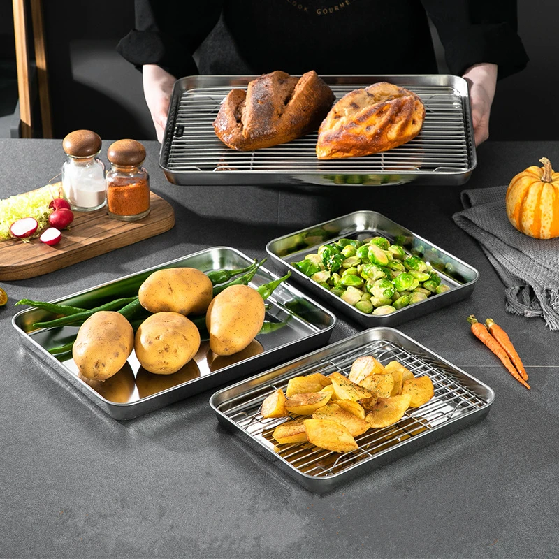 2PCS/Set Stainless Steel Baking Tray with Grid Line Non-Stick Bakeware Cake Bread Cooling Rack Snacks Plate Kitchen Cooking Tool |