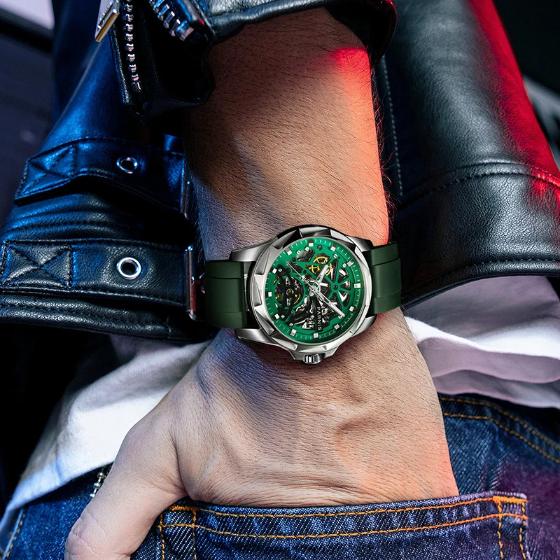 Модные мужские механические наручные часы Parnis 43 мм с календарем желтым