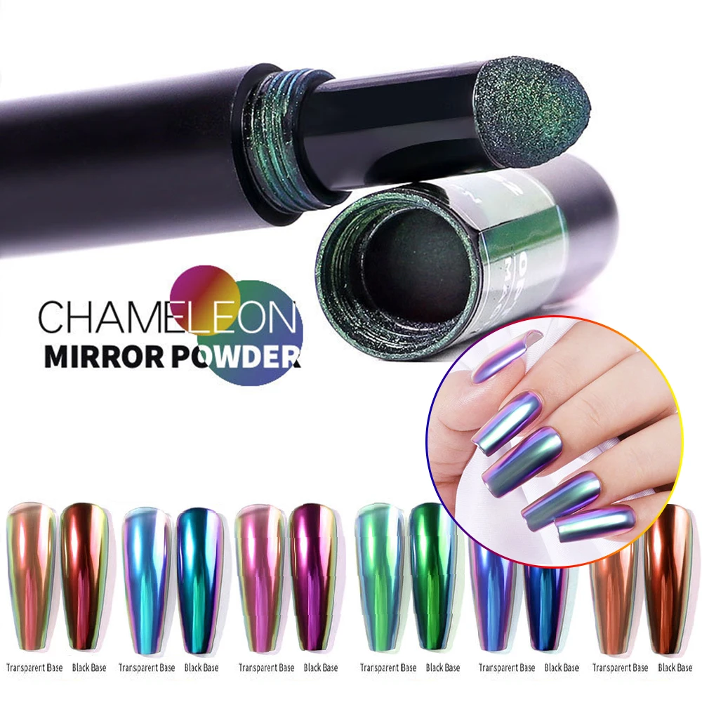 

3D Chameleon Nail Glitter Powder Air Cushion Pen 1Pc Mirror Effect Chrome Pigment Holographic Dual-use Chameleon Manicure Tools