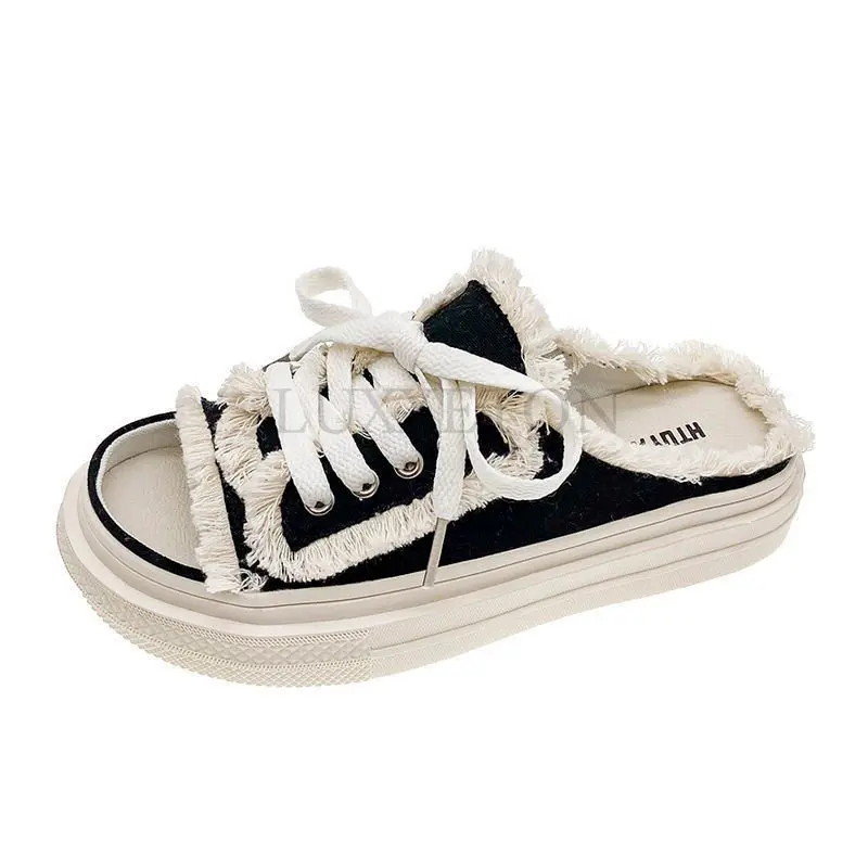 

Women Canvas Flat Slippers Women Lace Up Casual Shoes Female Fashion Platform Slipper Lady Denim Beach Open Toe Sandals