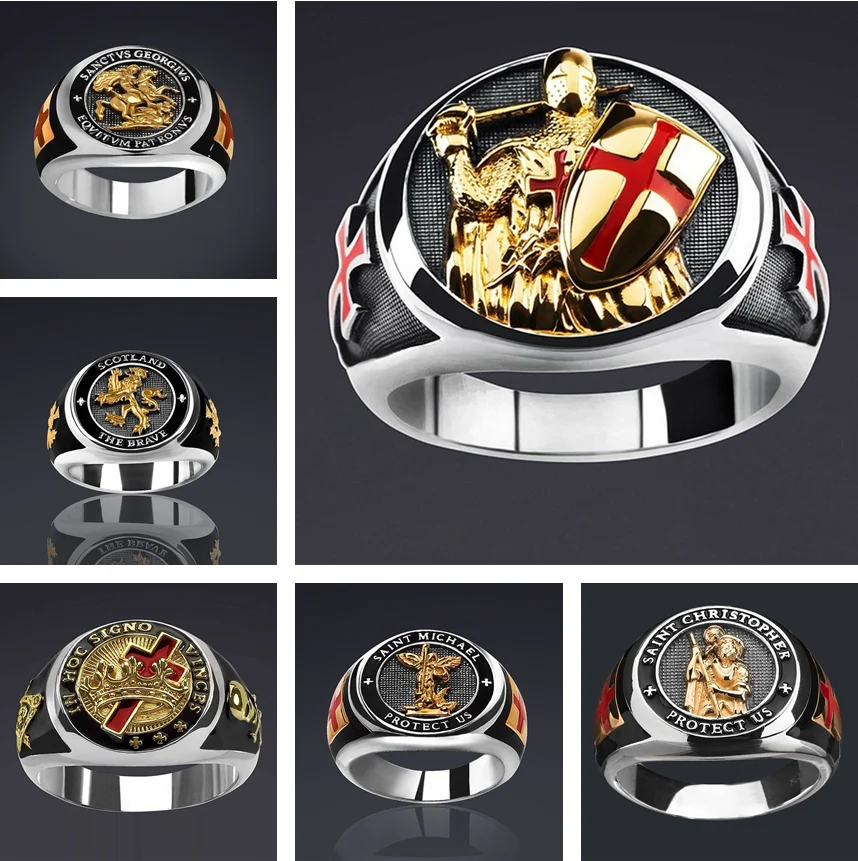 

2022 New Freemasonry Logo Retro Tide Men's Oil Drip Ring Double-headed Eagle Lion Skull Cross Digital High-grade Alloy Ring