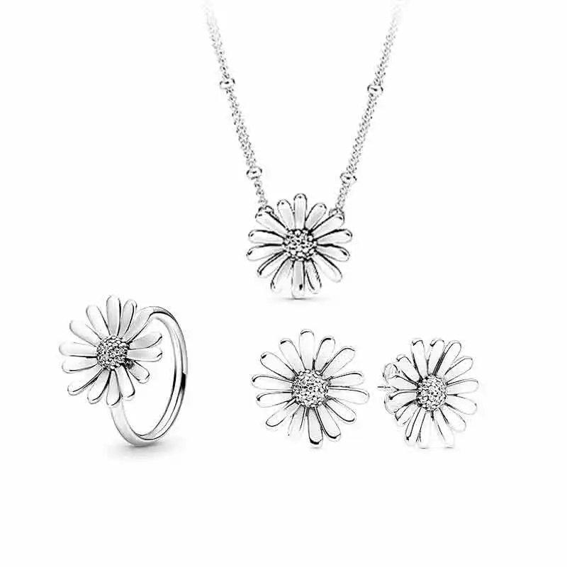 

LR High-Quality S925 Sterling Silver Daisy Stud Earrings Necklace Ring Set Fashion Aesthetic Flowers Sweet Gifts For Girlfriends