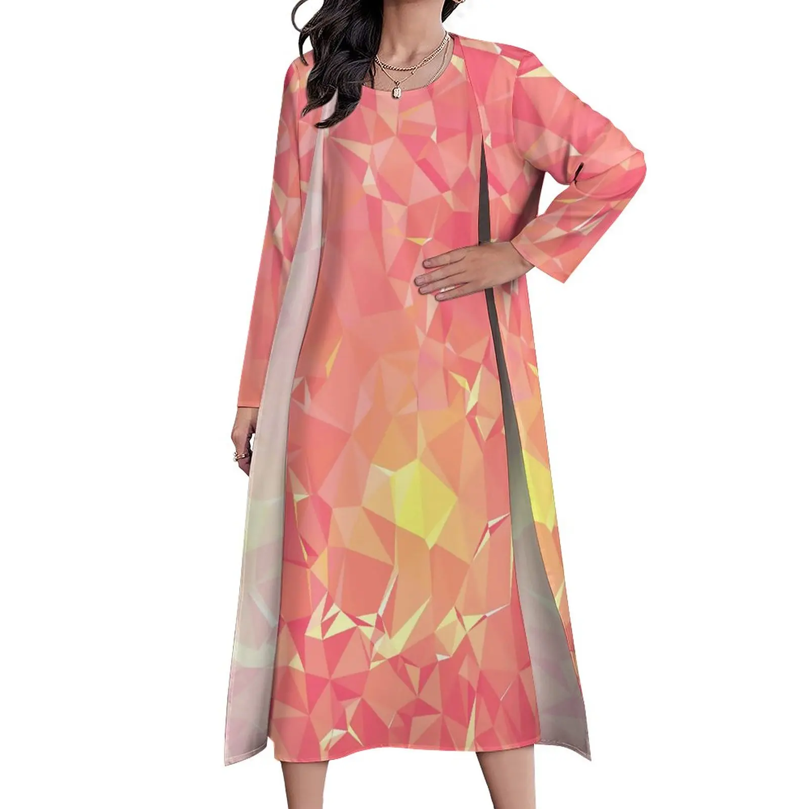 

Платье макси с геометрическим принтом, милое пляжное платье в стиле бохо, осенняя Дизайнерская одежда из двух предметов, большой размер