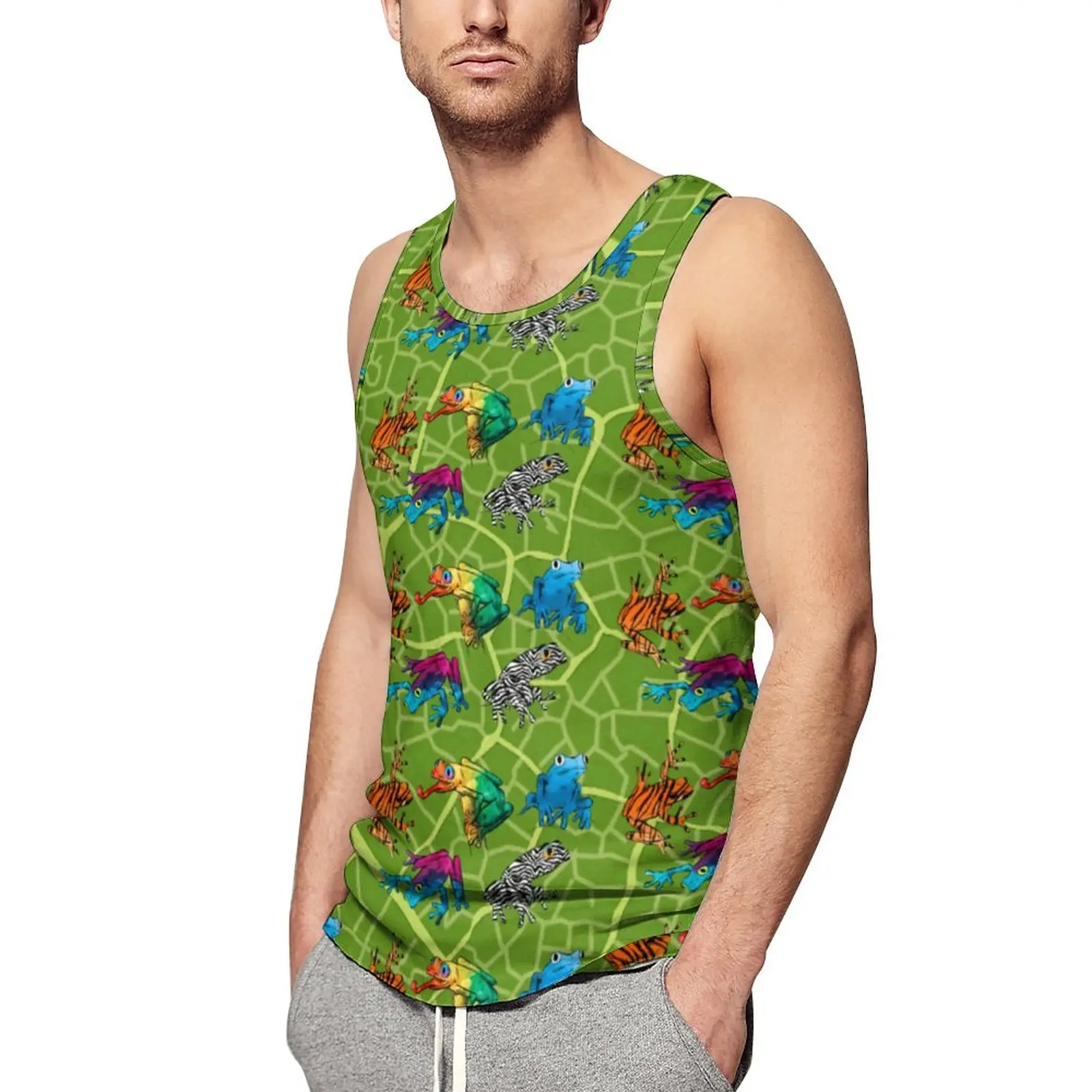 

Frog Guide Tank Top Males Six Raibow Frogs Tops Beach Custom Gym Streetwear Oversize Sleeveless Vests