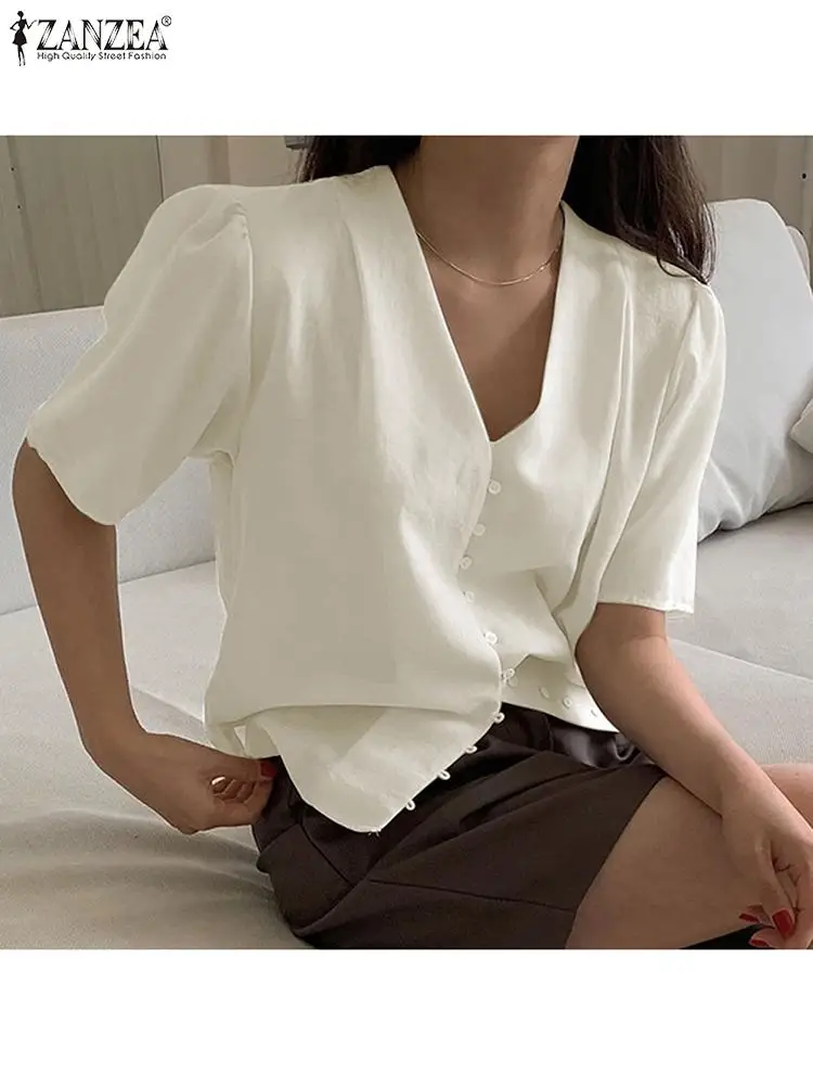 

Блузка ZANZEA Женская хлопковая на пуговицах, с коротким рукавом и V-образным вырезом