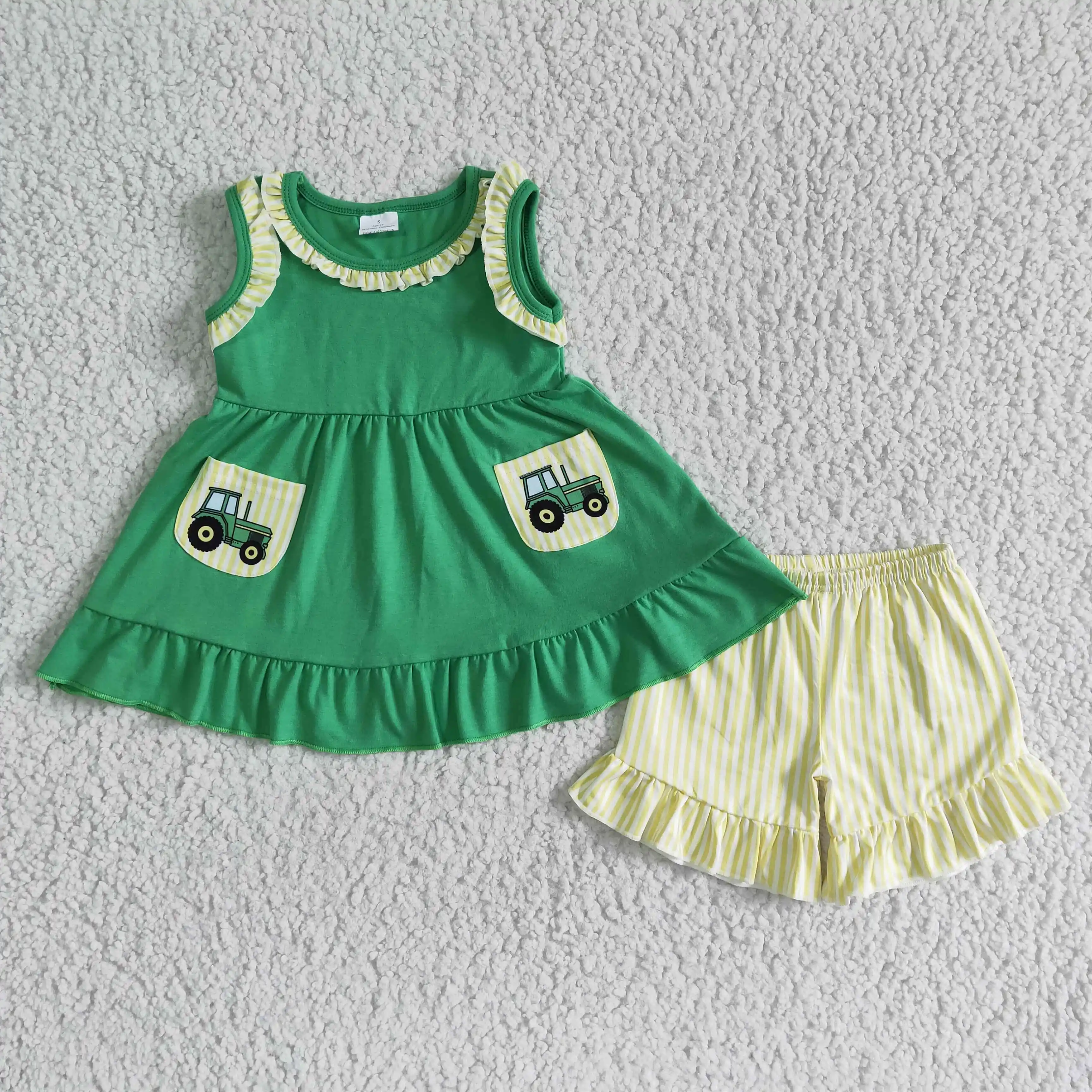 

New Design Wholesale Sleeveless Top Baby Boutique Tractor Suits Girls Toddler Summer Sets K​ids Green Clothes Outfit