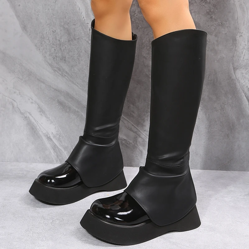 

Женские сапоги на толстой подошве, с круглым носком, без застежки, высокие сапоги В рыцарском стиле, на резиновой подошве, Осень-зима 2022