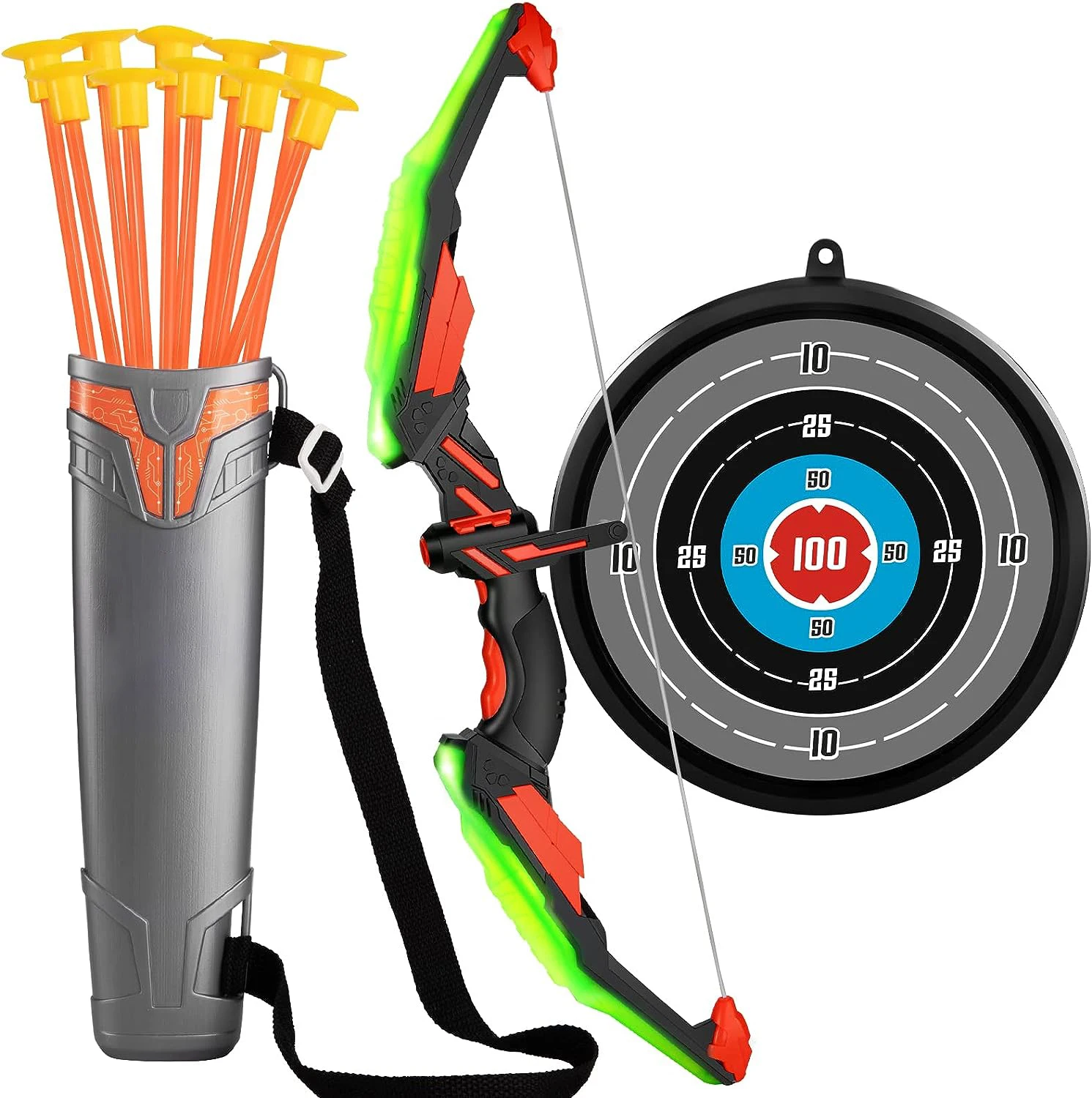 

Kids Bow and Arrow Set - LED Light Up Archery Toy Set with 10 Suction Cup Arrows, Target & Quiver, Indoor and Outdoor Toys for