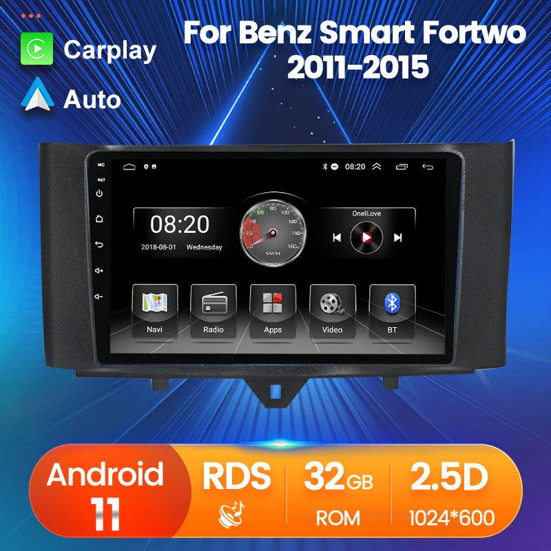 

Автомобильный видеоплеер «Все в одном», Android 11, Carplay для Benz Smart Fortwo 2011-2014, 2015, автомагнитола с экраном, GPS-треком, BT, FM, без DVD