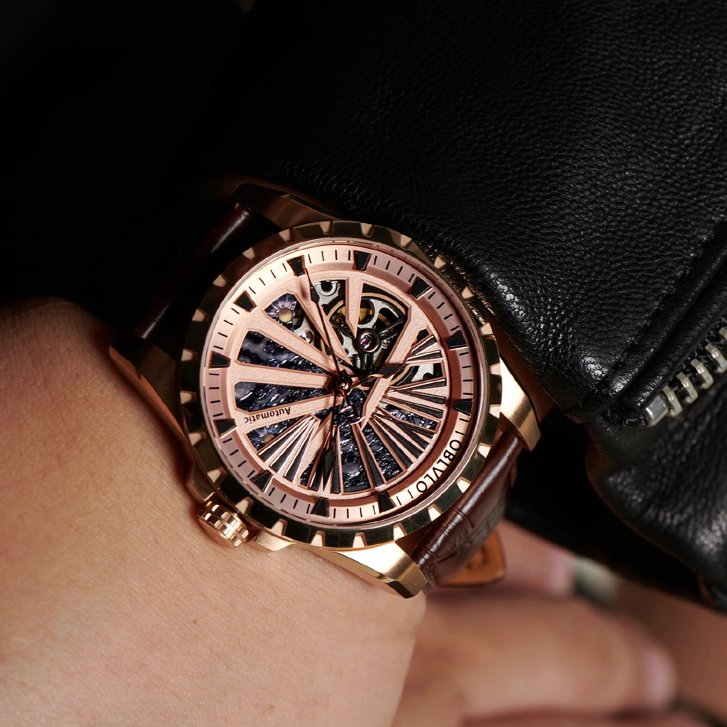 

OBLVLO 2022 New Skeleton Men's Automatic Mechanical Watch For Men Rose Luxury Sapphire Luminous Genuine Leather Watch RMS-U