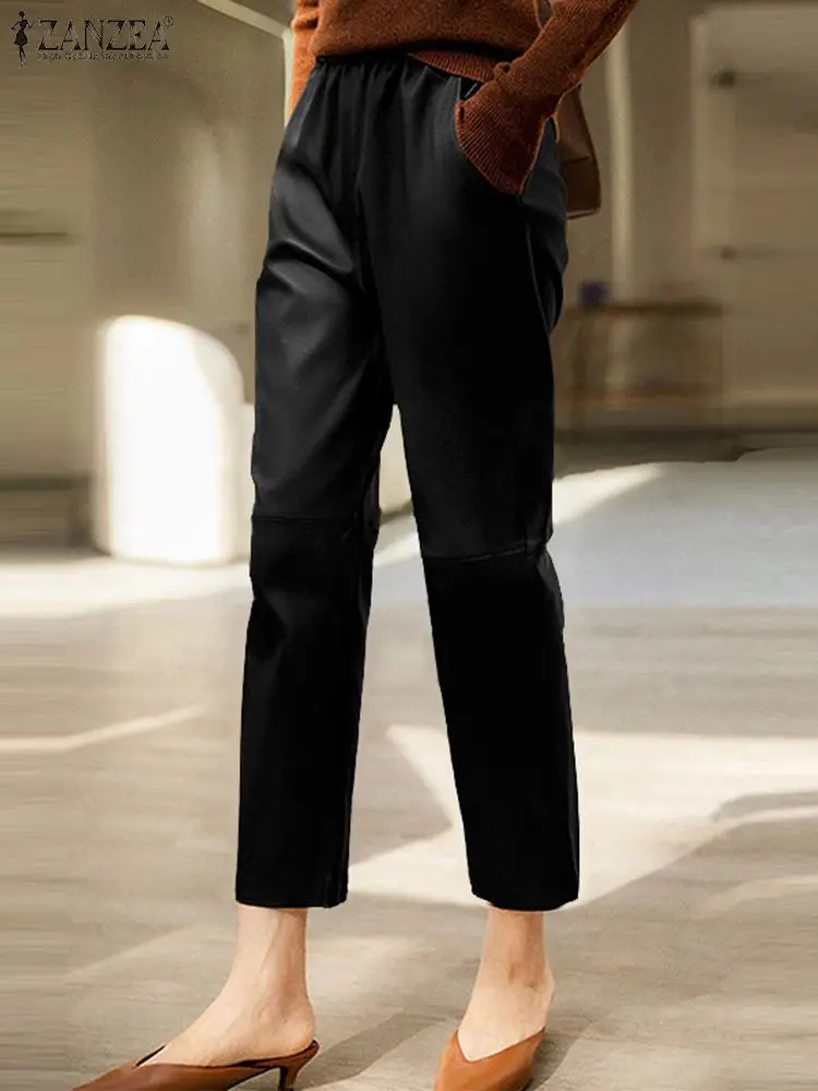 

Модные длинные брюки ZANZEA из искусственной кожи, женские офисные брюки с высокой талией, осенние элегантные однотонные офисные брюки, уличная одежда Палаццо