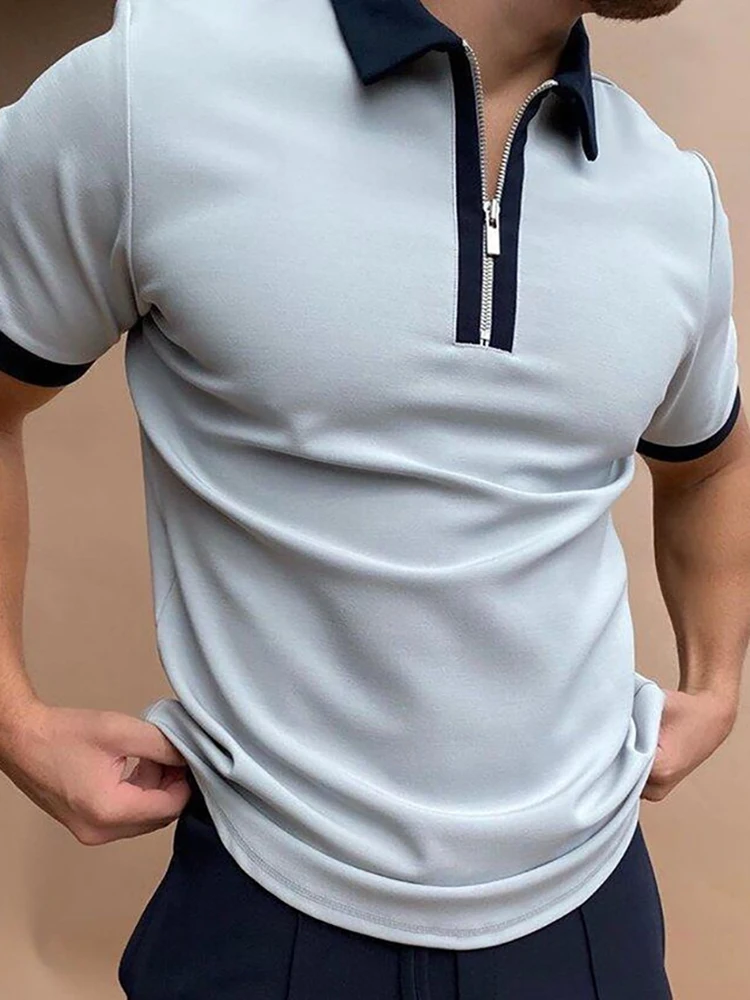 

Fashion Mens Striped Printed Tops Shirt Summer Slim Turn-down Collar Zipper Polo Shirt 2022 Patchwork Short Sleeve Tops Pullover