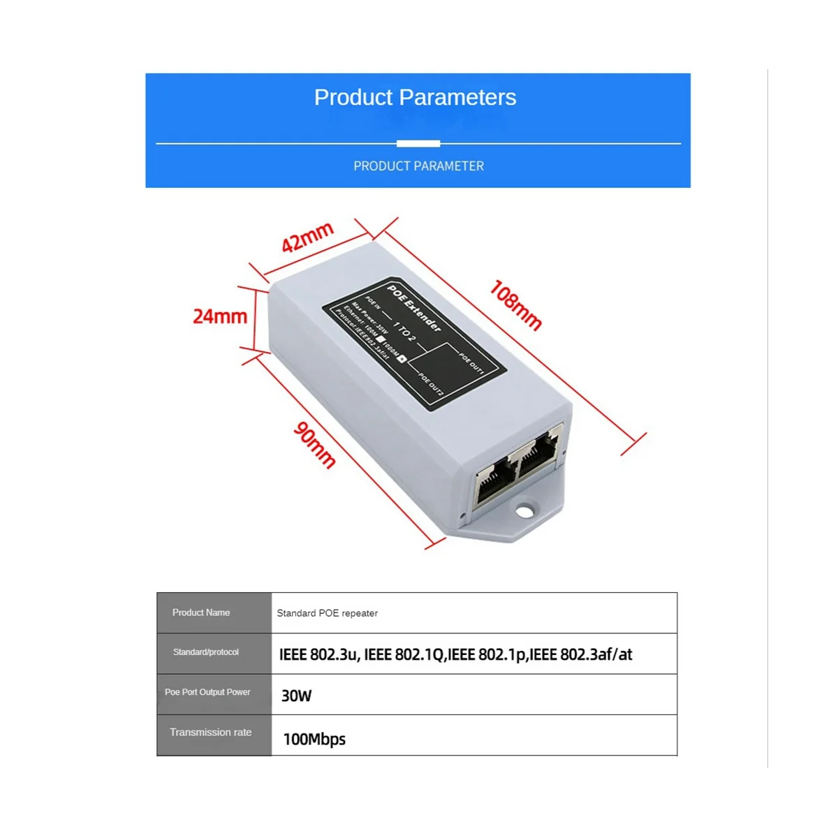 

1 To 2 Port POE Extender 100Mbps IEEE 802.3Af/At Standard 48V for NVR IP Camera POE Extend 100 Meter for POE Range