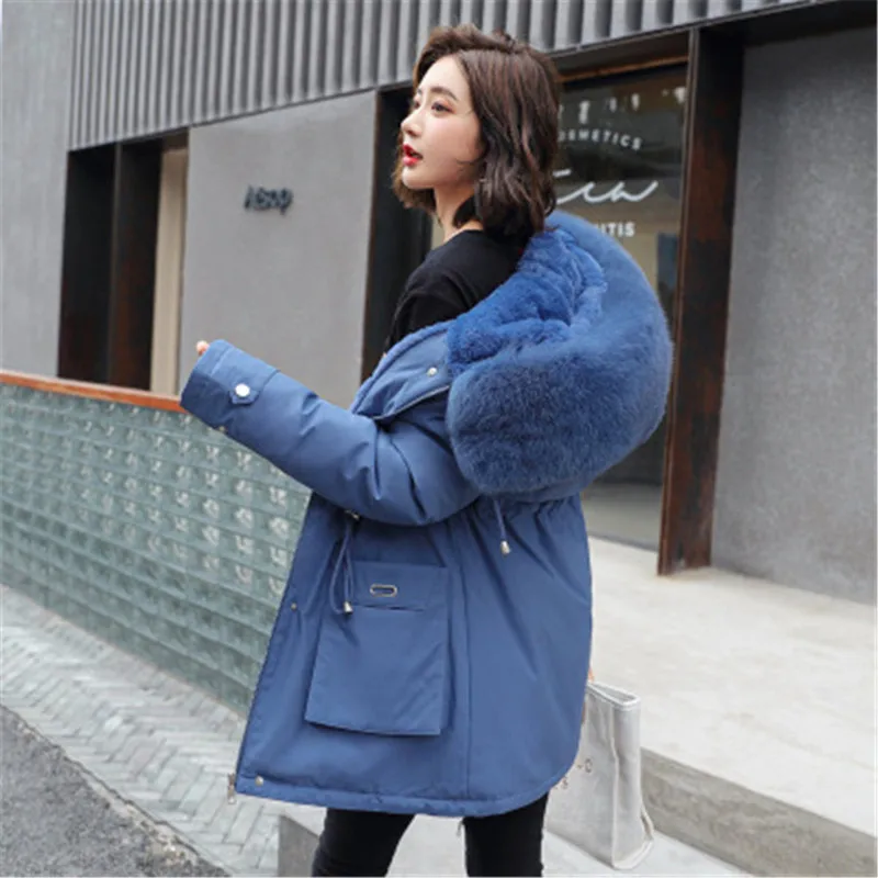 Women Casual Fur Lining with Pockets Big Fur Collar Winter New Parkas Thicken Warm Jacket Hooded Parka Coats Mujer Cotton Coat