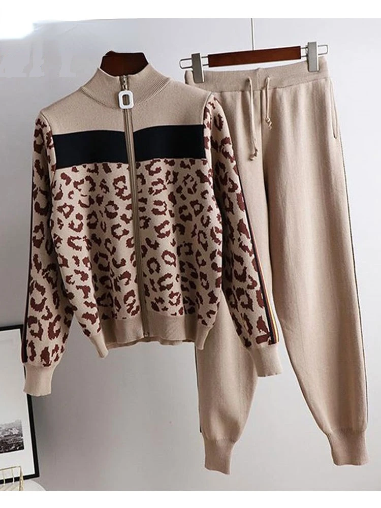 

Women Leopard Knit Zip Cardigan Tops+Pants Suit