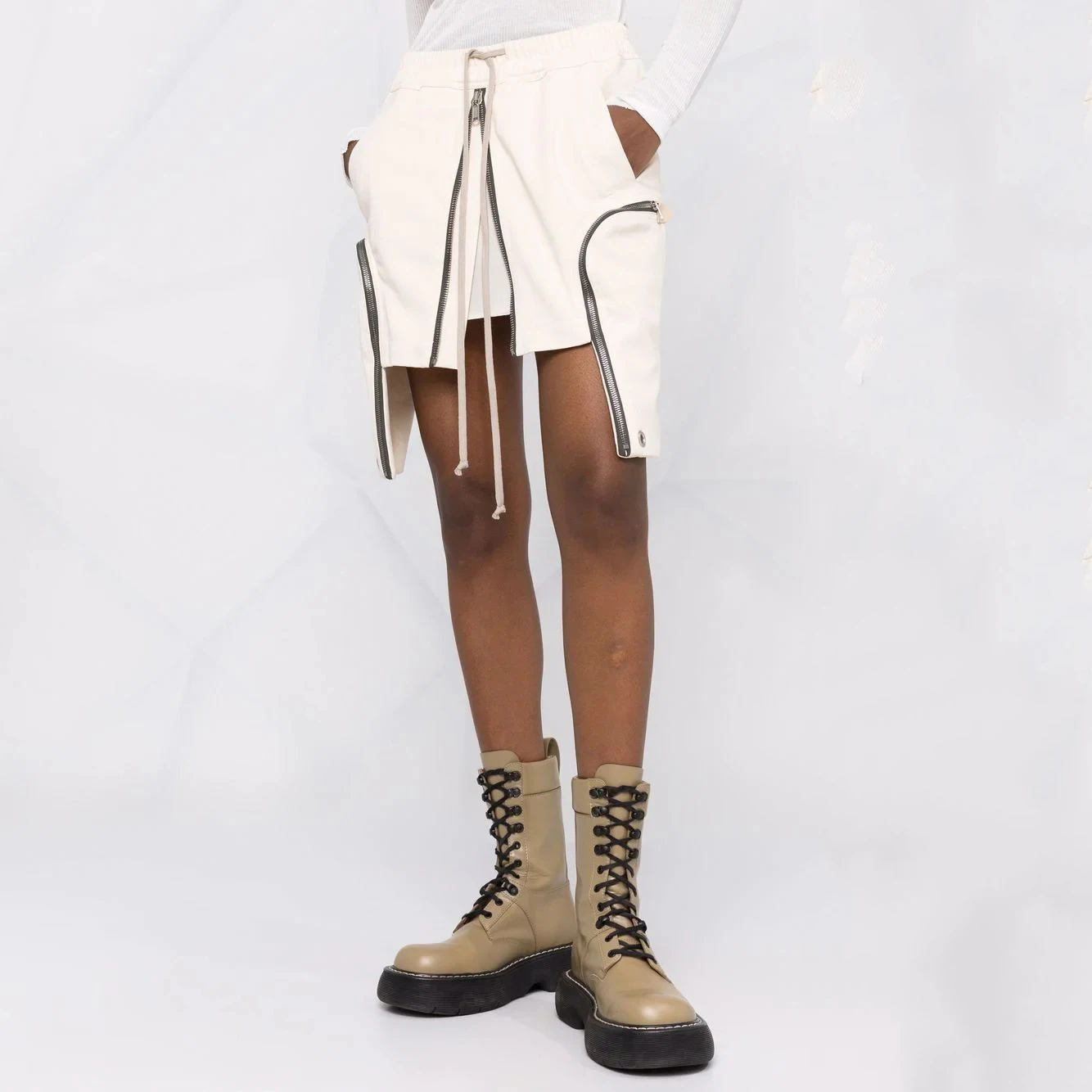 Drawstring asymmetric zip half-body skirt European and American niche high street large pocket design twill cotton hip skirt
