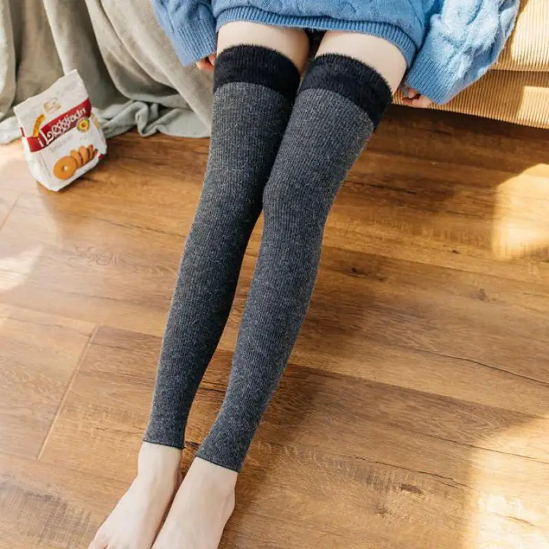Rabbit Wool Knee-high Socks Stocking Feather Yarn Stitching Yoga Socks Warm Leg Protector Knitted Boot Female