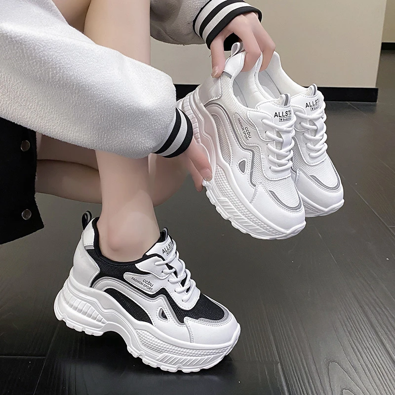 Women Autumn Vulcanized White Shoes High Platform 6.5CM Wedge Heels Sneakers Lace Up Casual Breathable Mesh Chunky Shoes Woman