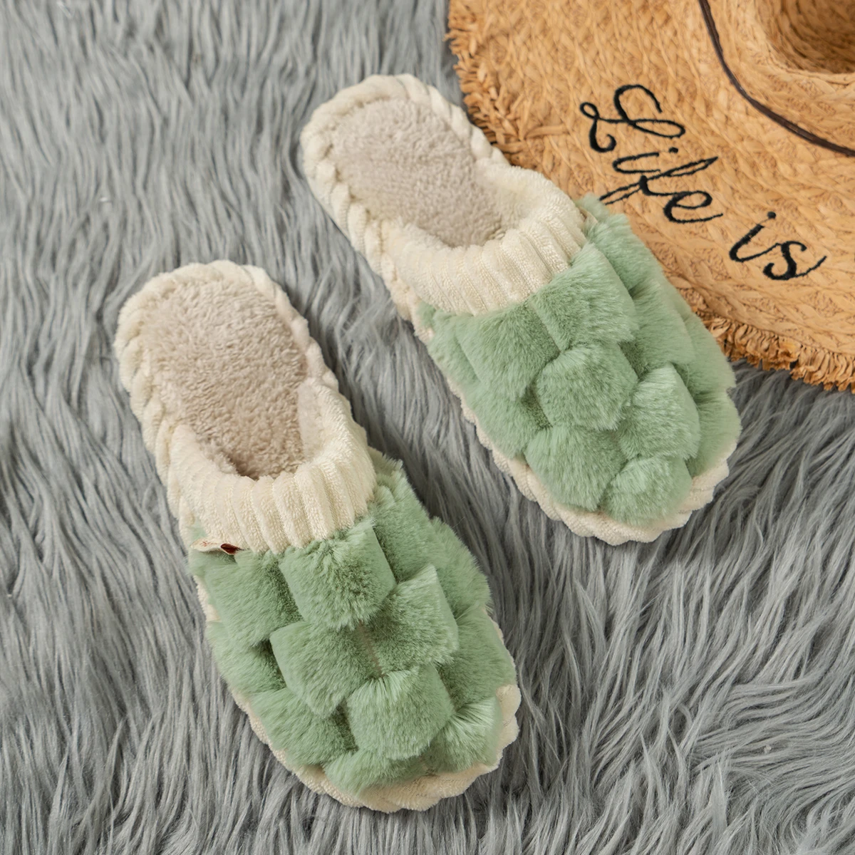 

Winter New Women Fur Slippers Home Bedroom Living Solid Color Room Fashion Simplicity Faux Fur Warm Flat Slippers