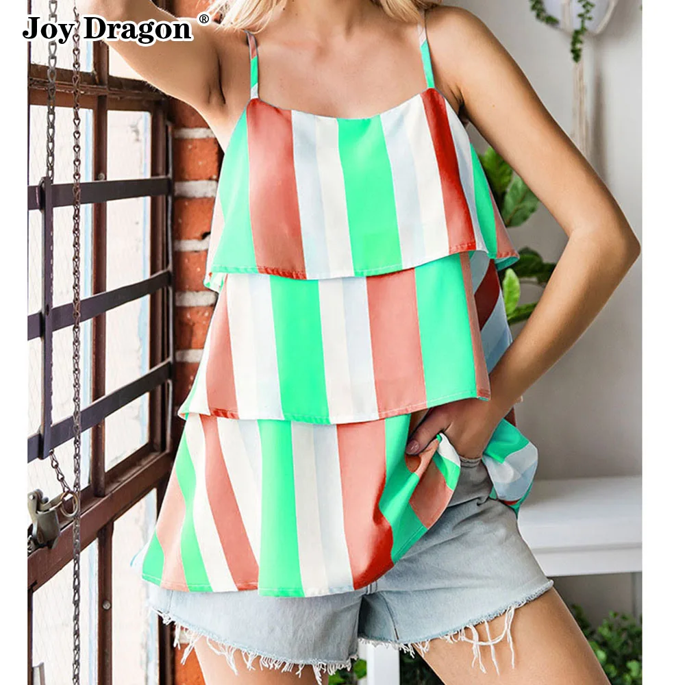

2023 Summer New Strap Tank Top Women Stripe Print Pleated Layered Strap Tops Casual Sleeveless Basic Loose Backless Sling