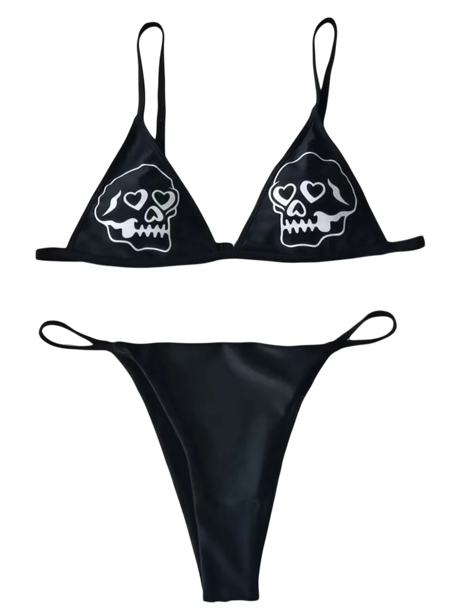 Women Goth Bikini Swimsuit Set Y2K Cute Micro Bra Thong Bikini Set High Waisted Gothic Skull Swimwear E-Girl Bikini Swimsuit