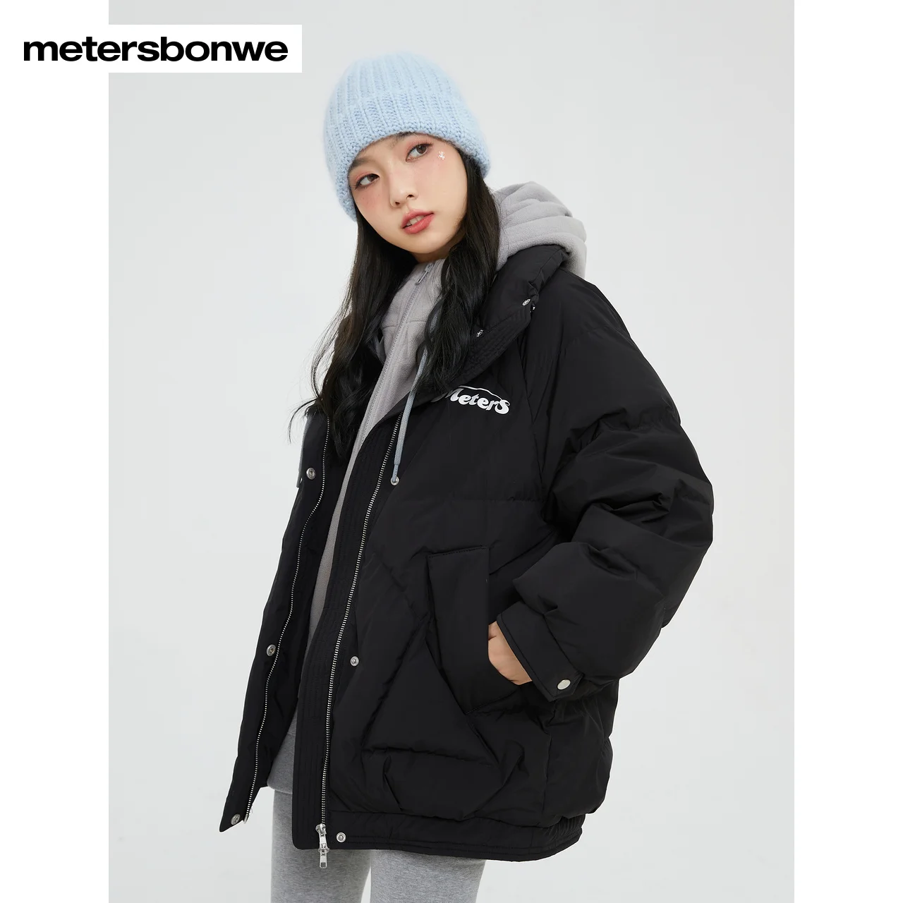 Metersbonwe Women's 22New Winter Coral Fabric False Two Down Jackets 80%Duck Down Thick Short Hooded Warm Wear Fashion Outwear