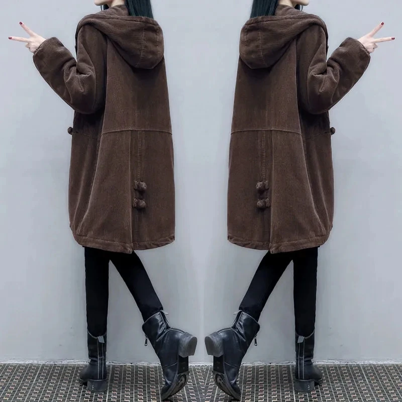 

Corduroy Cotton Coat Female Medium Long Loose Hooded Vintage Autumn Winter Jacket Green Coffee Add Cotton Warm Casual Outerwear