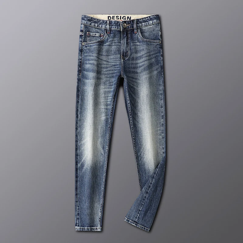 Newly Trends Fashion Men Jeans High Quality Retro Blue Elastic Slim Fit Vintage Jeans Men Redline Designer Casual Denim Pants