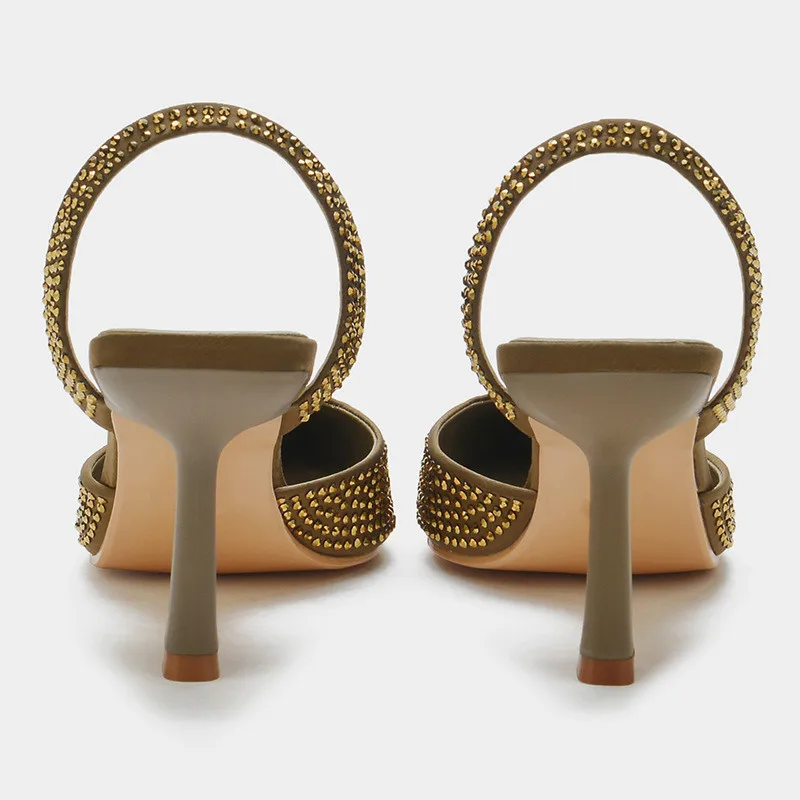 TRAF Elegant Slingback High Heel Woman Pumps Female Gold Black Blue Rhinestone Heels Sandals Stiletto Heels Office Lady Shoes