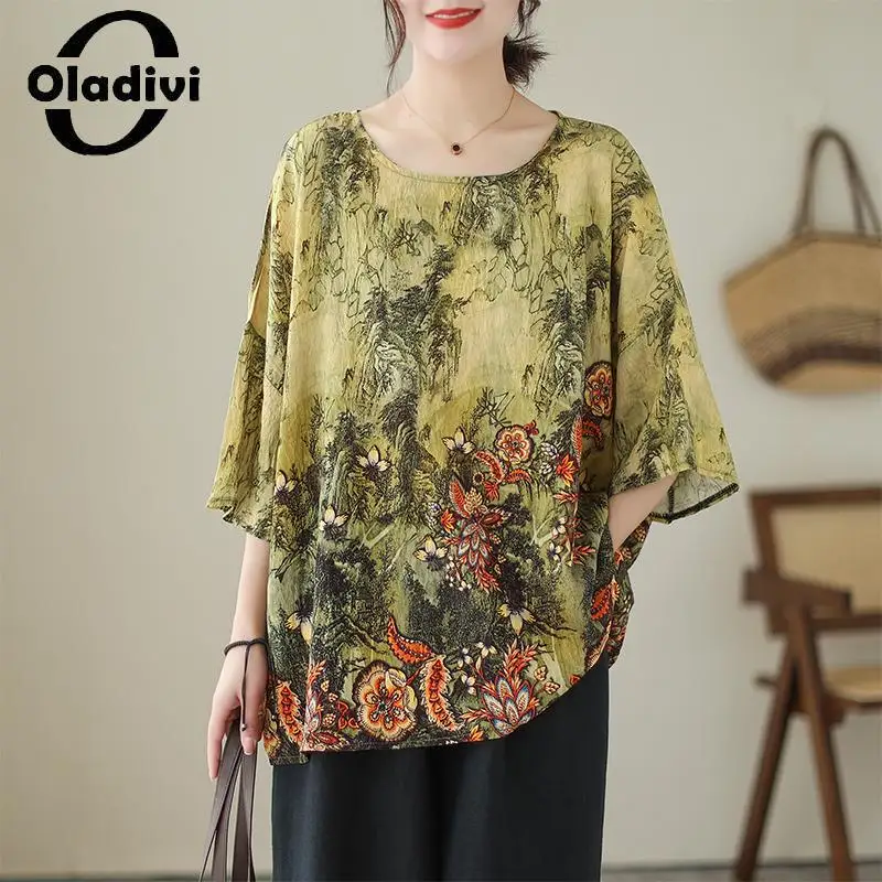 

Oladivi Fashion Print Women Casual Loose Blouses 2023 Summer New Short Sleeve Oversized Shirts Ladies Big Top Tunic 6XL 7XL 5417