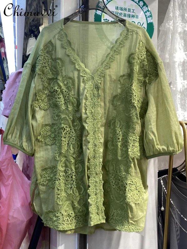 

European 2022 Summer New Fashion Personalized Lace Commuter Long Sleeve Shirt Loose Casual Elegant Women Blouse All-Matching