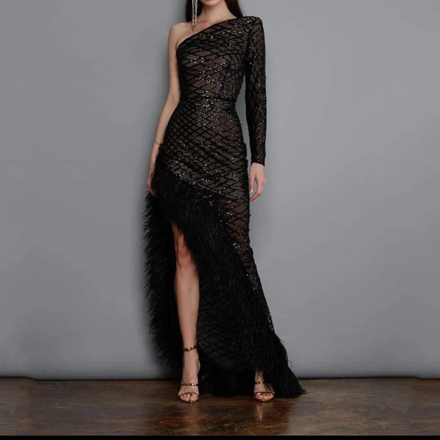 

Banquet Gown Women's Prom Dresses Solid Sleeveless Irregular Diagonal Neck Mesh Skirt Feather Party Dress for Women Vestidos