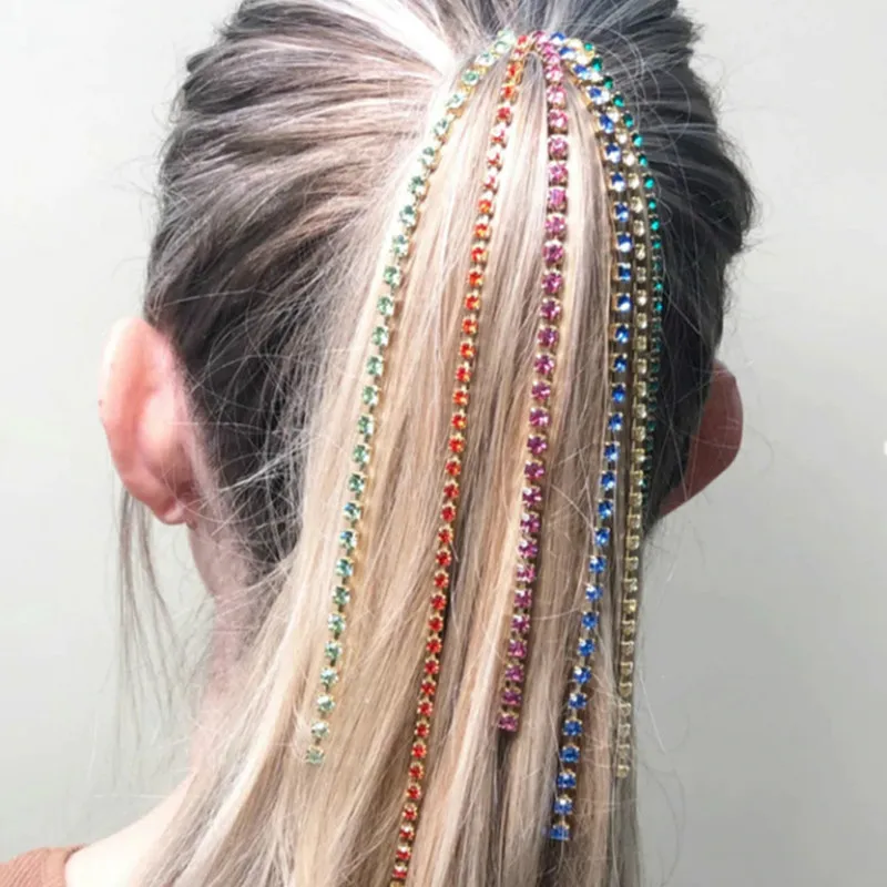 

3 Styles Fashion Metal Head Chain Long Tassel Colorful Crystal Beads Drill chain Wig Extension Clip Hair Accessories Women Gift