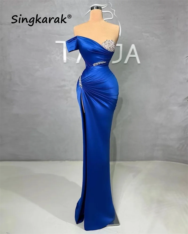 

Elegant Royal Blue Mermaid Dubai Evening Dresses Luxury 2023 Side Split Beads Crystals Prom Dress For Wedding Party Custom