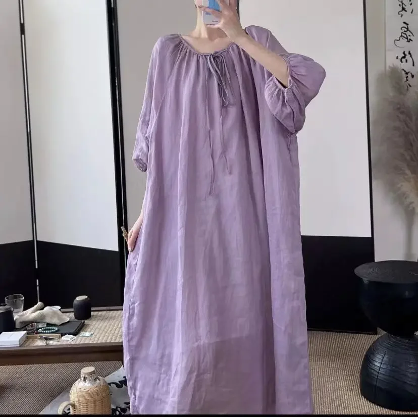 Платье-миди женское тонкое из хлопка и льна с круглым вырезом