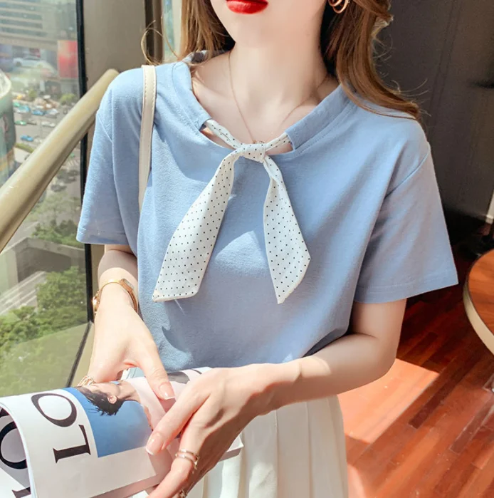 

Top Short Sleeve T-shirt Polka Dot Lace Up Women's Summer